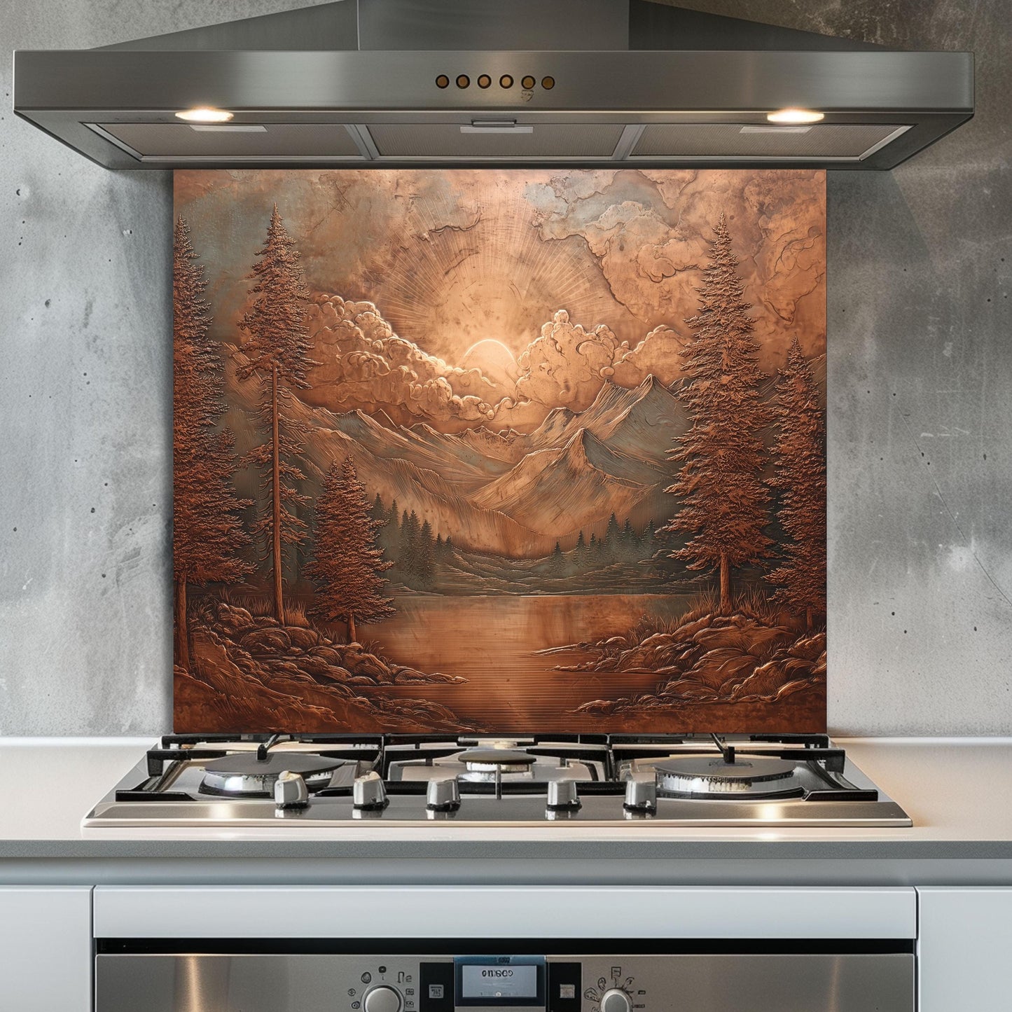 Tempered Glass Mountain Lake Backsplash: Copper-Look Rustic Kitchen Decor