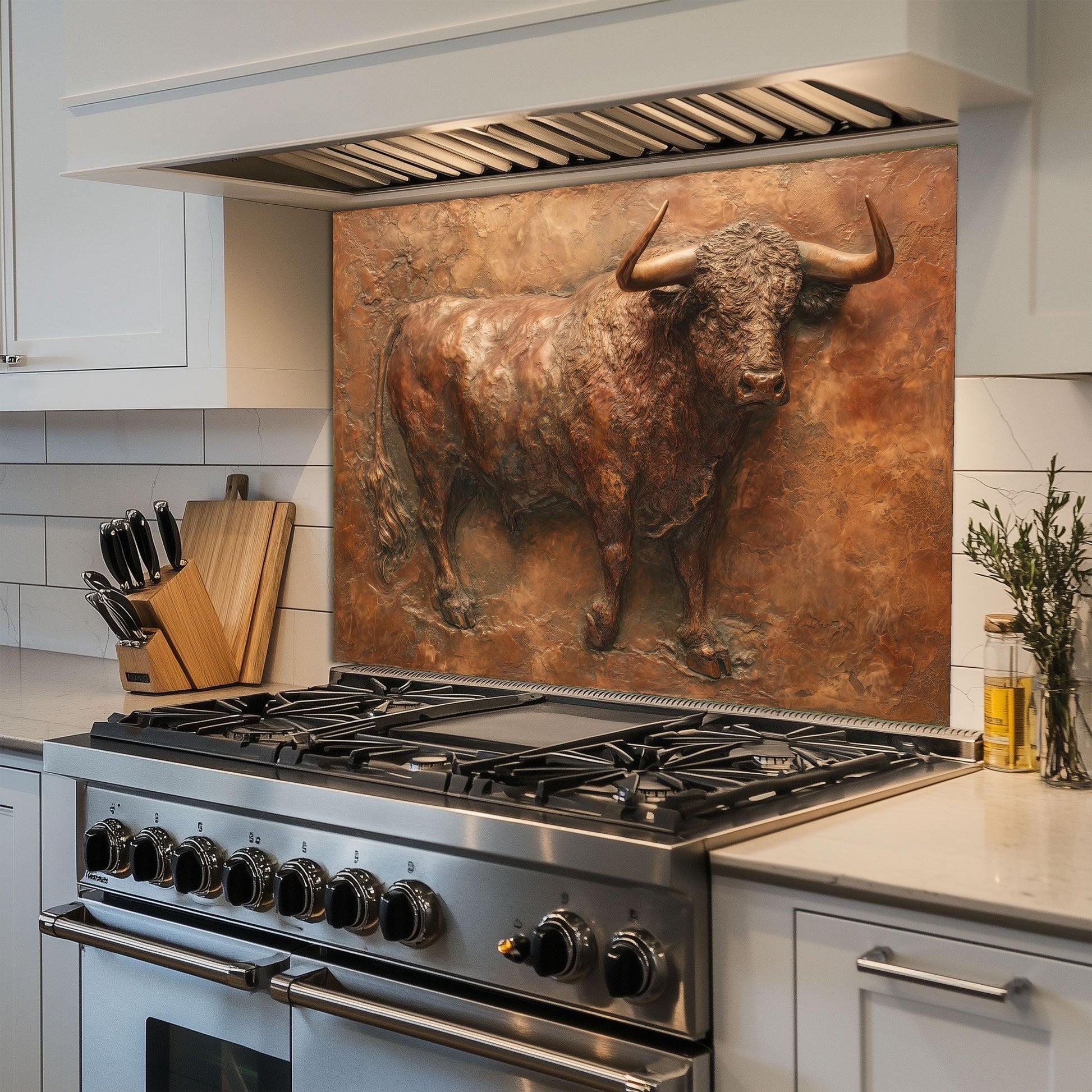 Embossed Copper Bull Tempered Glass Backsplash - Rustic Western Decor