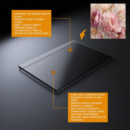 Pink Peony Tempered Glass Kitchen Backsplash: Gold Accent Floral Stove Panel