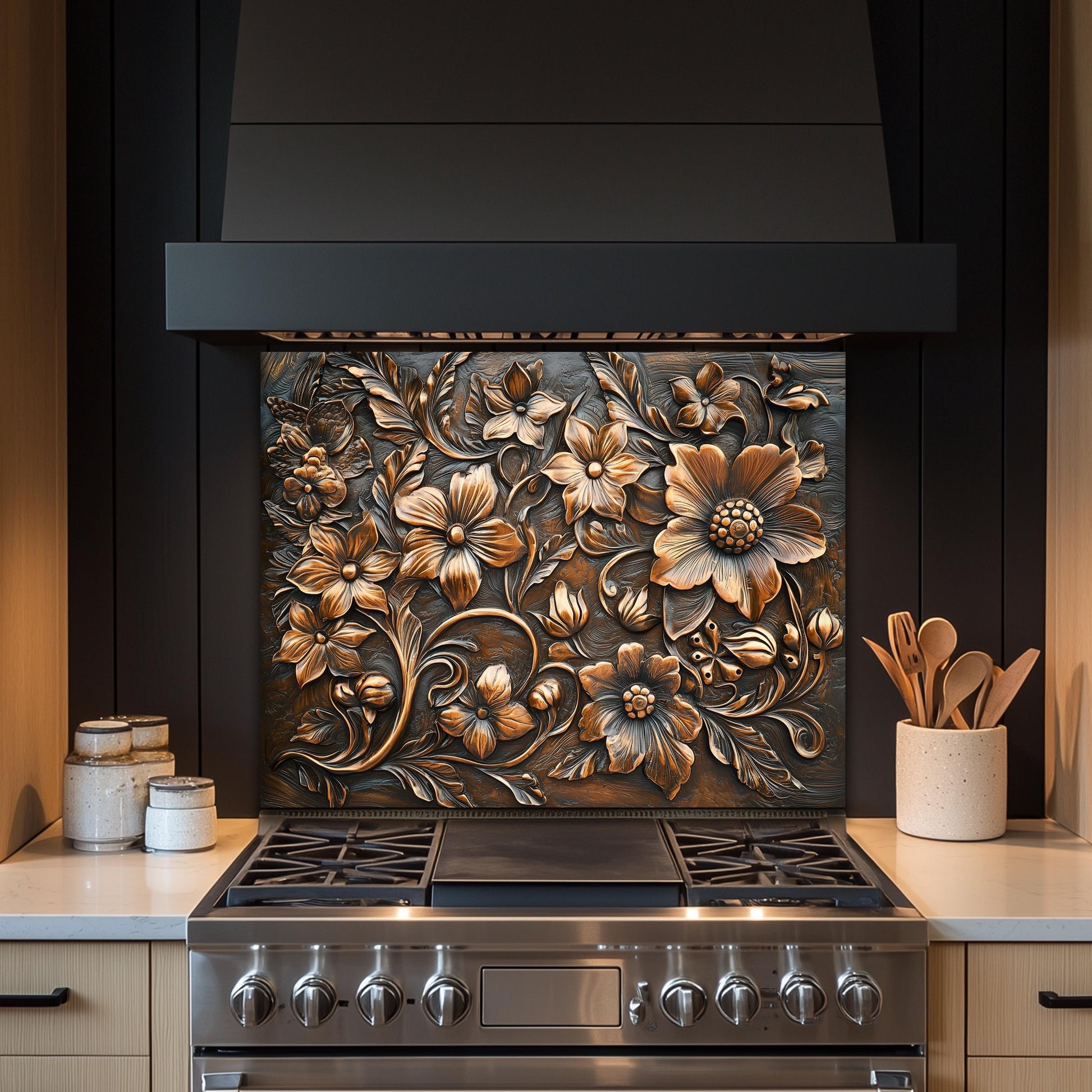 Ornate Floral Tempered Glass Backsplash: Rustic Kitchen Decor