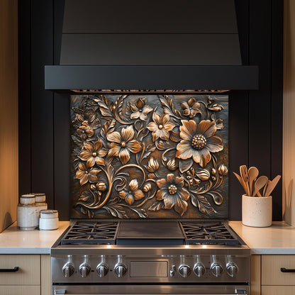 Ornate Floral Tempered Glass Backsplash: Rustic Kitchen Decor