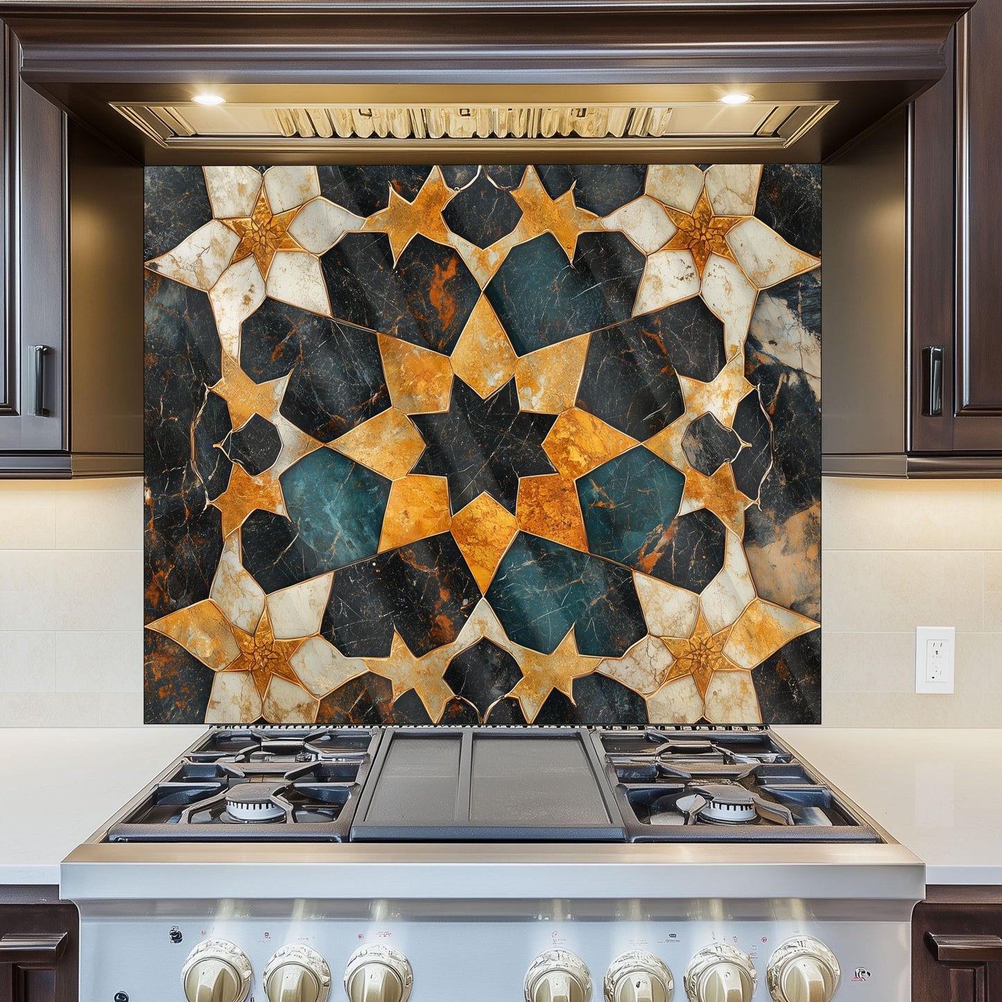 Moroccan Tile Glass Backsplash, Geometric Floral Stove Guard, Heat Resistant Easy Clean Kitchen Art