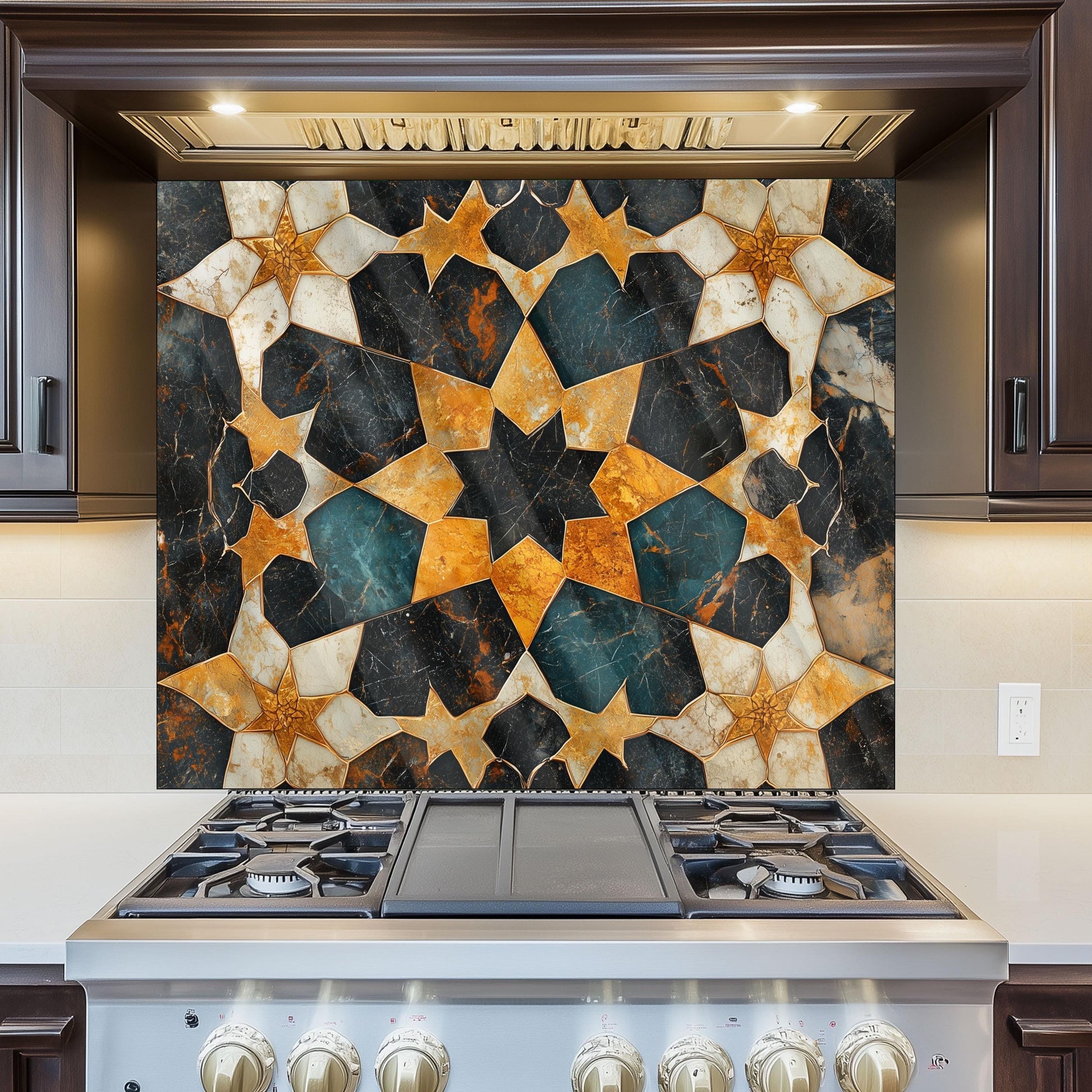 Moroccan Tile Glass Backsplash, Geometric Floral Stove Guard, Heat Resistant Easy Clean Kitchen Art
