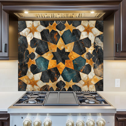 Moroccan Tile Glass Backsplash, Geometric Floral Stove Guard, Heat Resistant Easy Clean Kitchen Art
