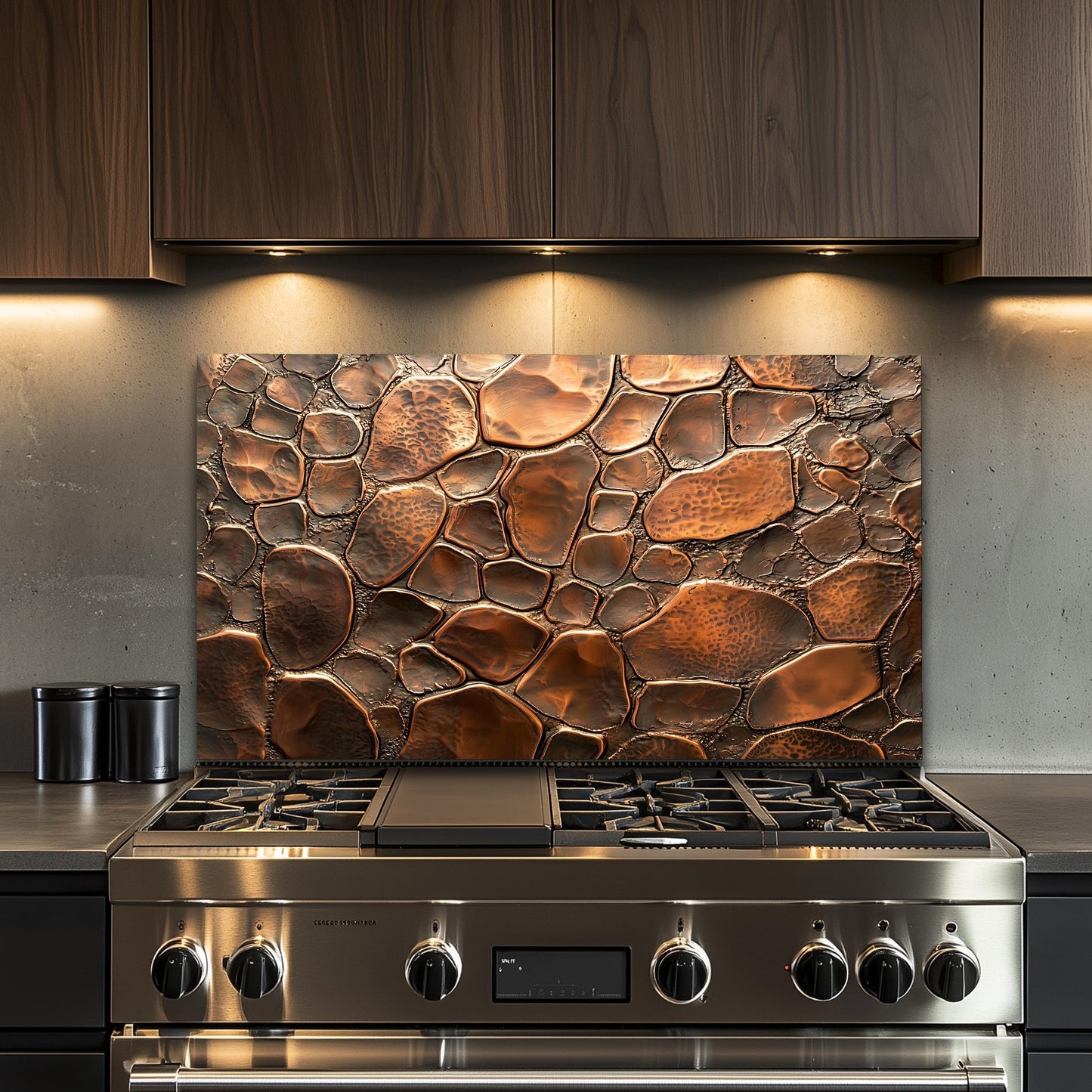 Copper Stone Kitchen Backsplash, Industrial Tempered Glass Art, Custom Size Design