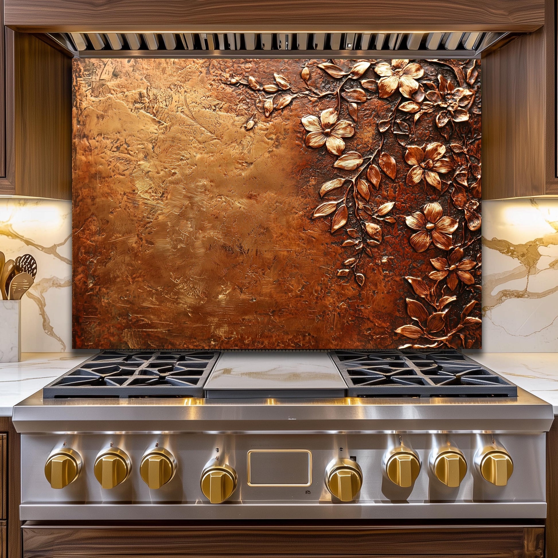 Floral Copper-Effect Tempered Glass Kitchen Backsplash: Rustic Heron Design