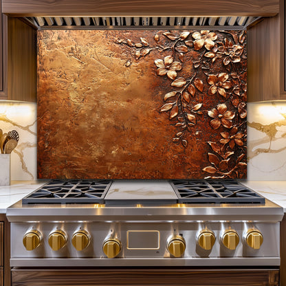 Floral Copper-Effect Tempered Glass Kitchen Backsplash: Rustic Heron Design