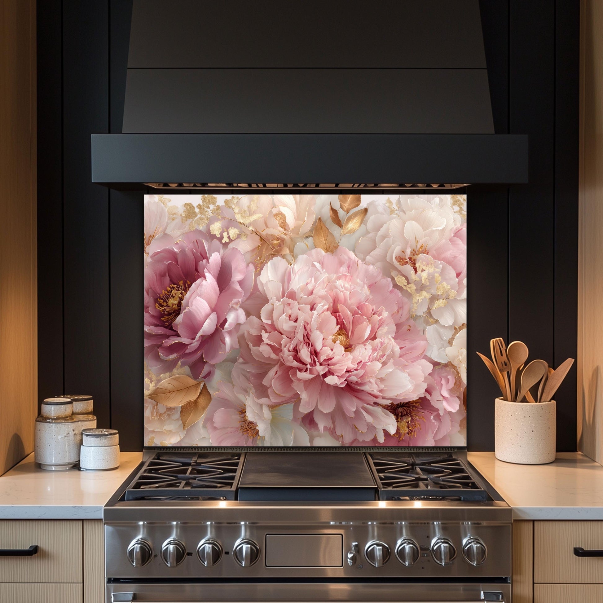 Pink Peony Tempered Glass Kitchen Backsplash: Gold Accent Floral Stove Panel