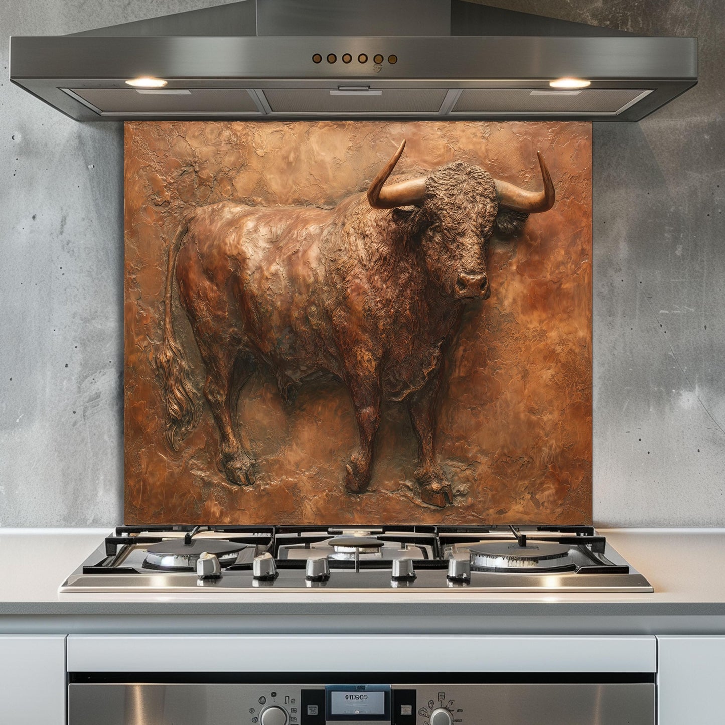 Embossed Copper Bull Tempered Glass Backsplash - Rustic Western Decor