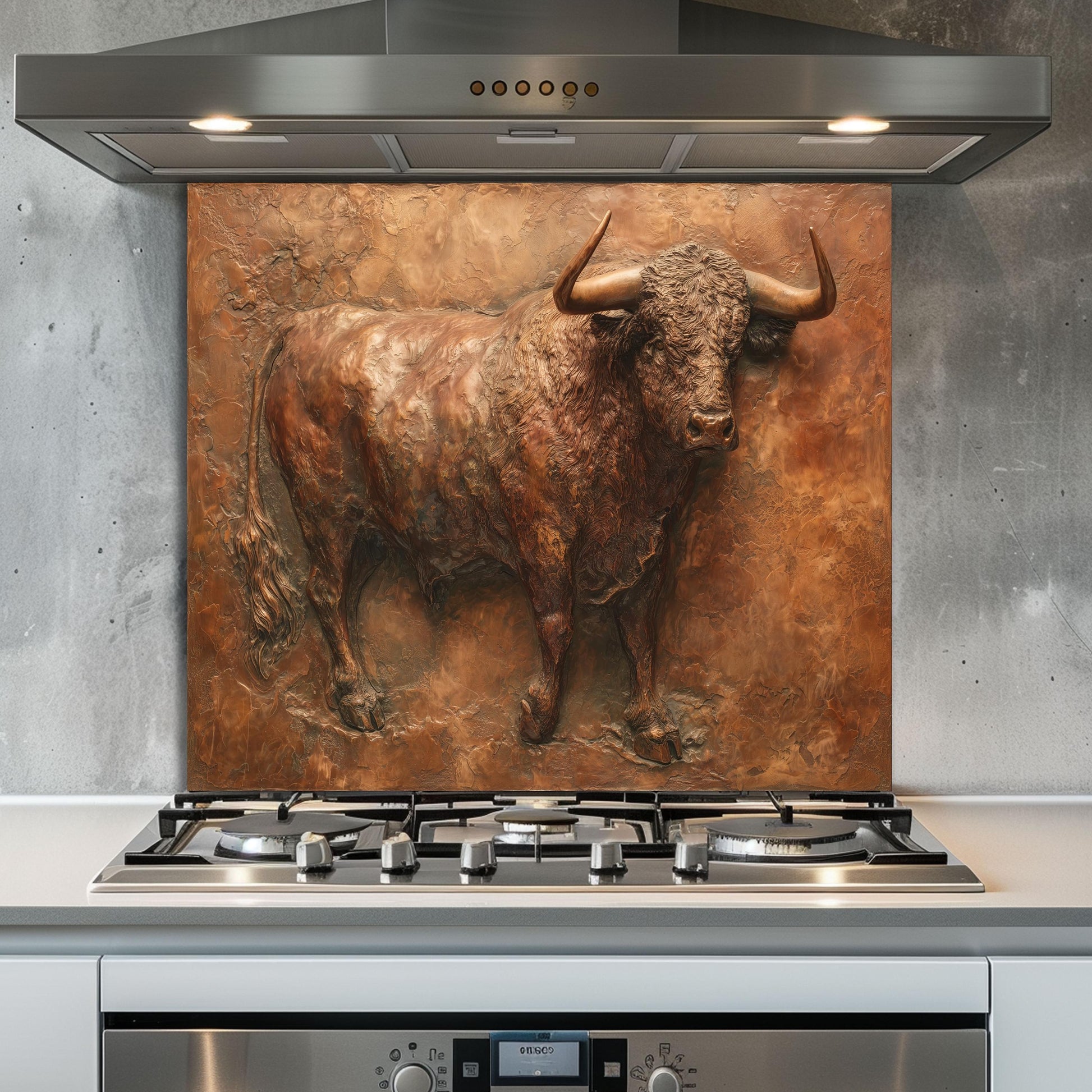 Embossed Copper Bull Tempered Glass Backsplash - Rustic Western Decor