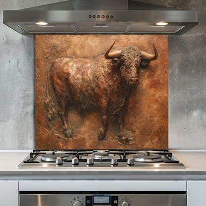 Embossed Copper Bull Tempered Glass Backsplash - Rustic Western Decor