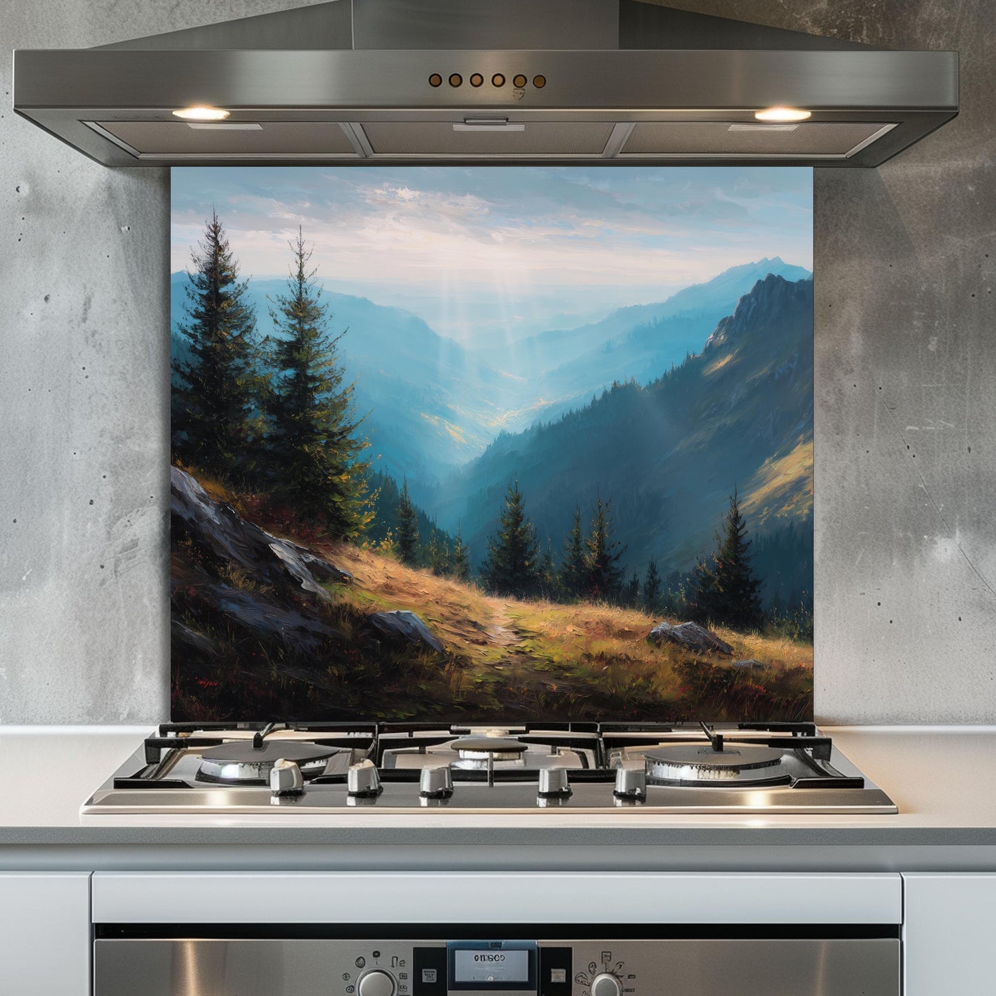 Misty Mountain Tempered Glass Backsplash: Heat-Resistant Stove Panel