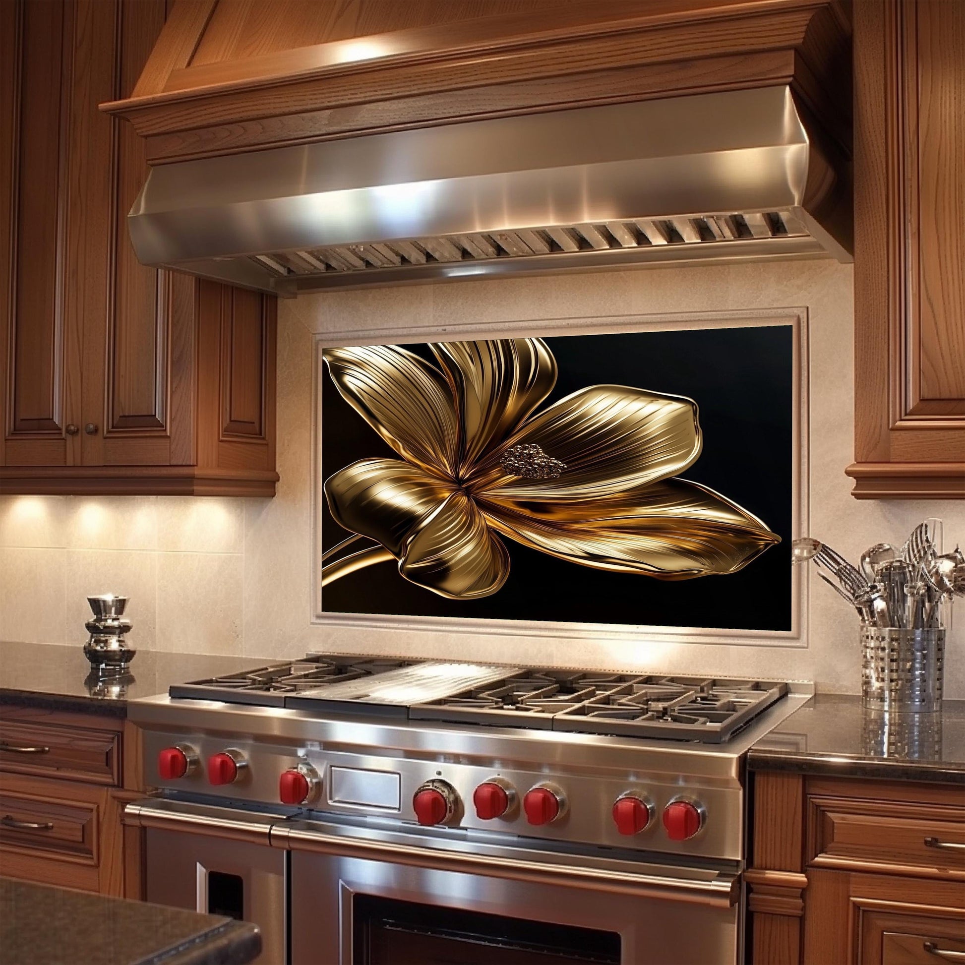 Golden Flower Tempered Glass Kitchen Backsplash: Decorative Wall Art
