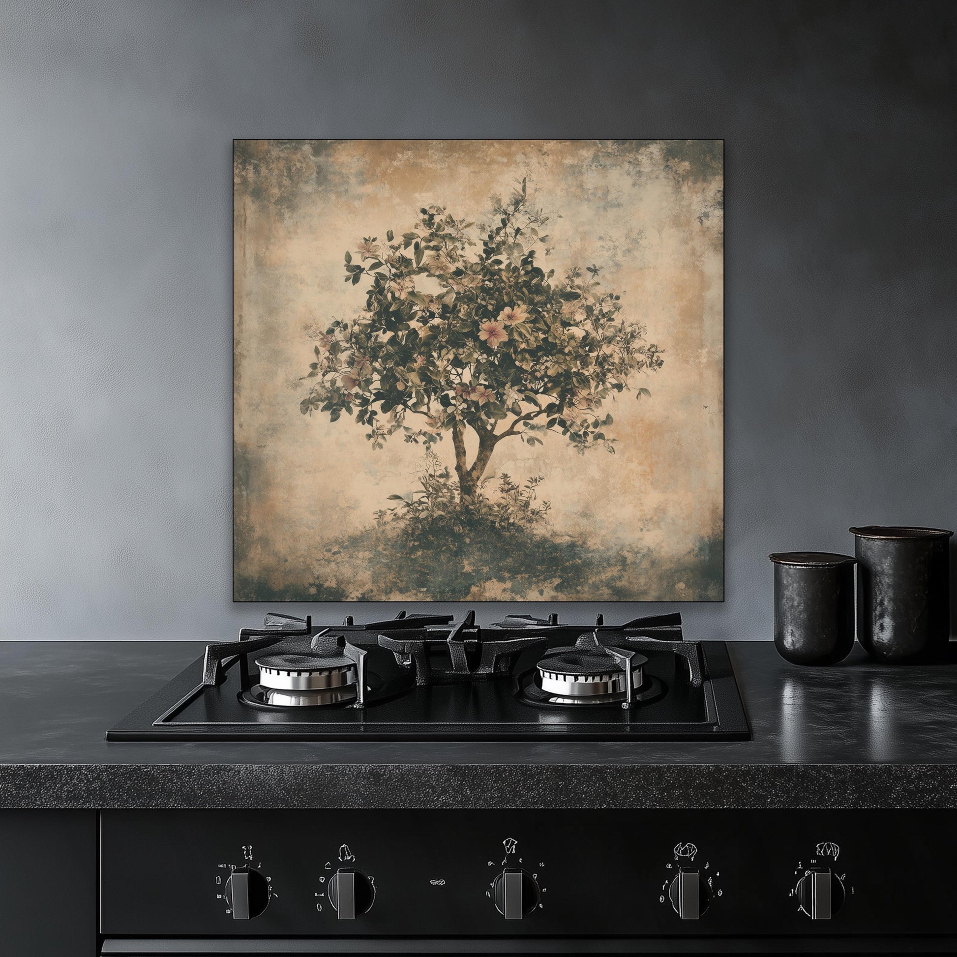 Tempered glass backsplash, floral tree design, heat-resistant wall panel, easy clean kitchen protector, artistic backsplash, stove protector, stylish wall art, modern kitchen decor