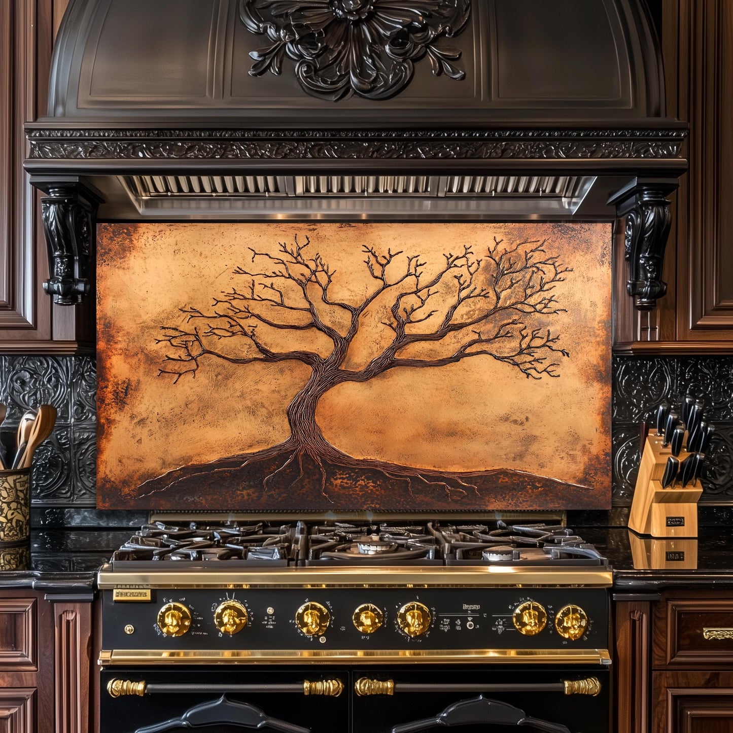 Copper Tree of Life Glass Backsplash, Rustic Metal Stove Guard, Heat Resistant Kitchen Art