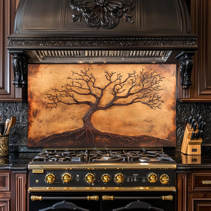 Copper Tree of Life Glass Backsplash, Rustic Metal Stove Guard, Heat Resistant Kitchen Art