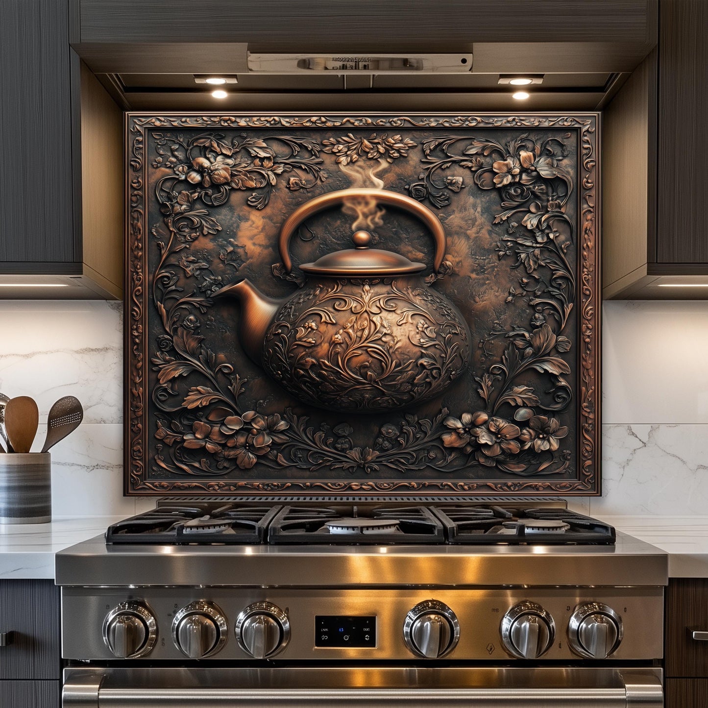 Farmhouse kitchen backsplash, vintage teapot decor