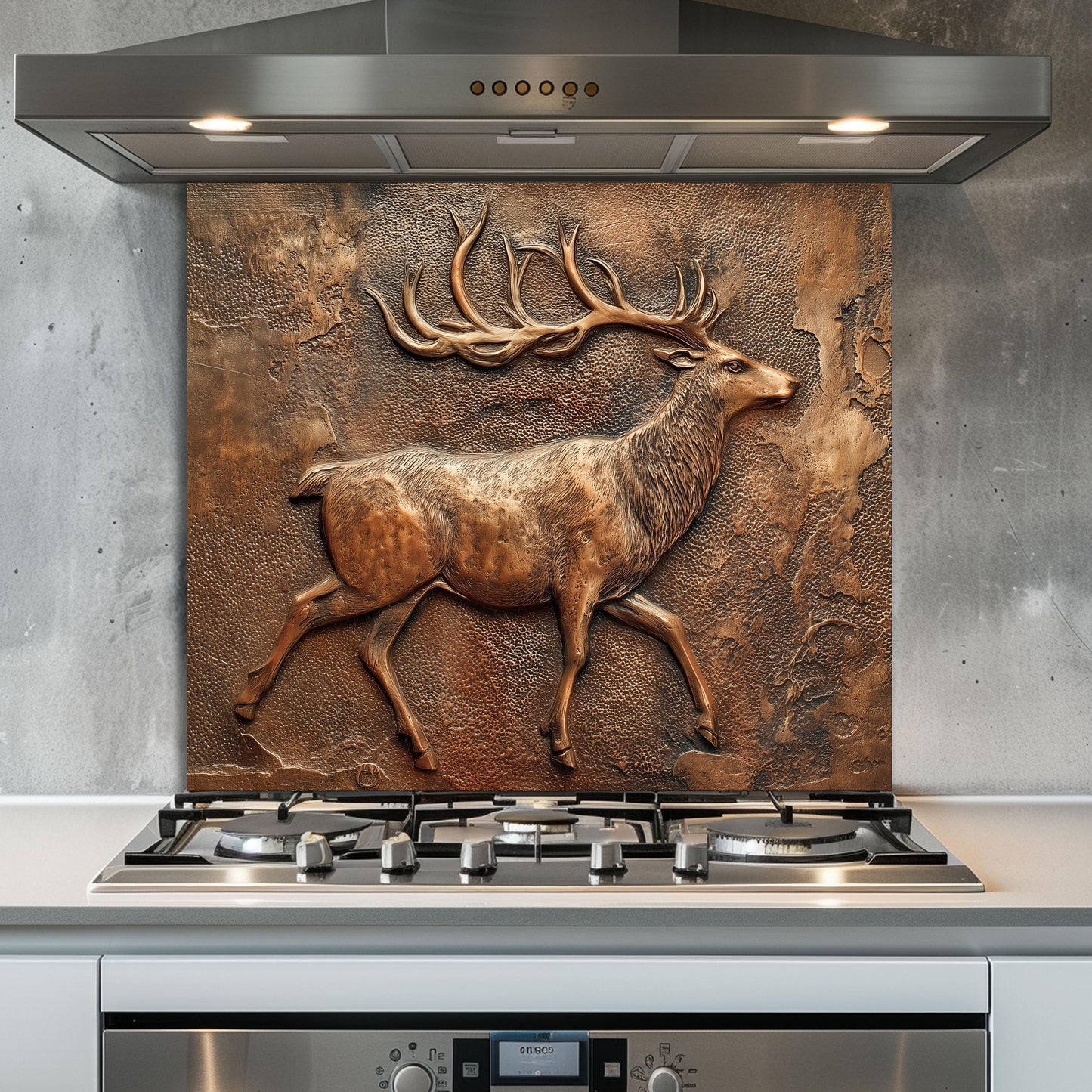 Rustic Deer Backsplash: Embossed Copper Stag Tempered Glass Stove Panel