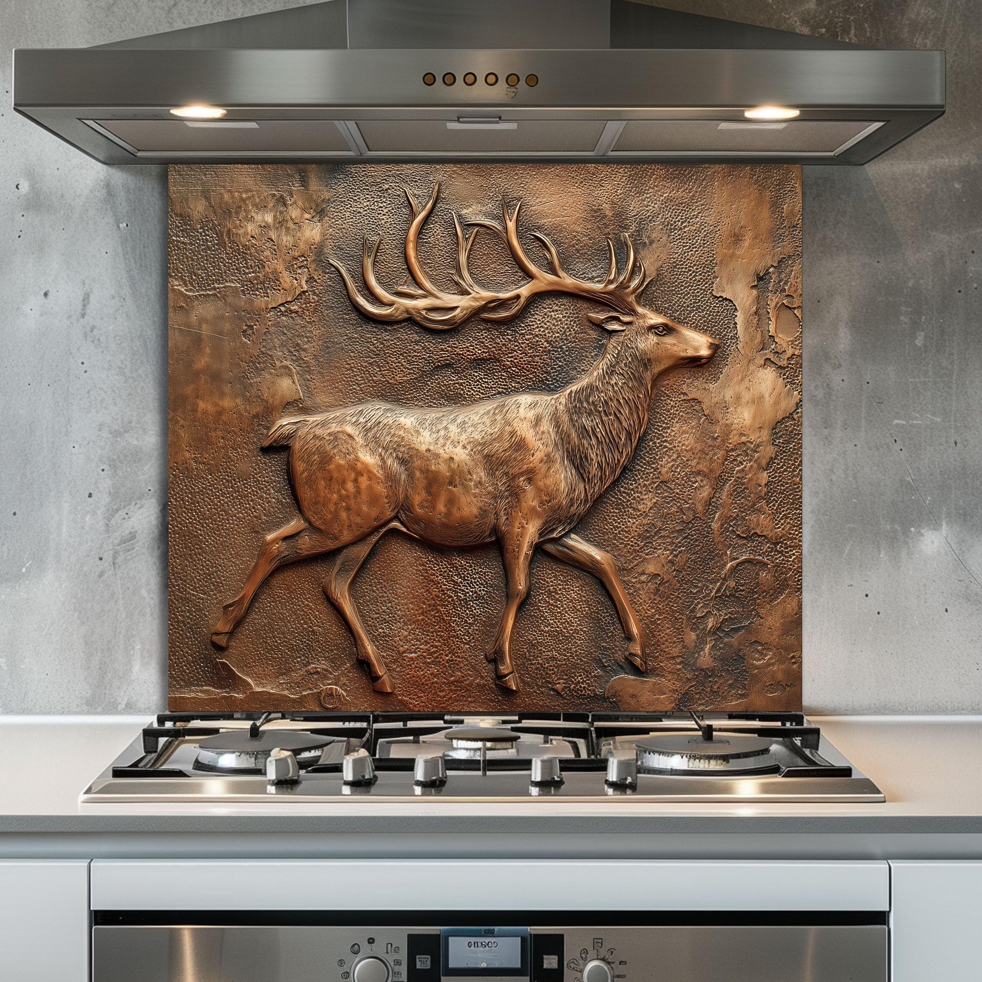 Rustic Deer Backsplash: Embossed Copper Stag Tempered Glass Stove Panel