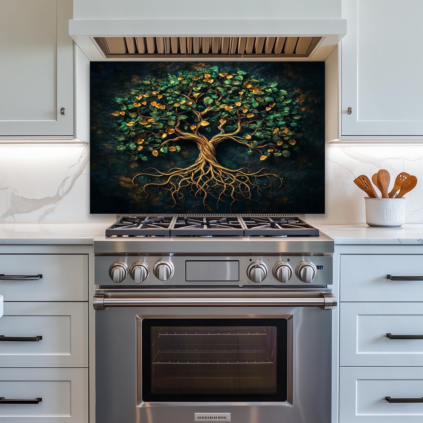 Tempered glass backsplash, green tree of life design, heat-resistant wall panel, easy clean kitchen protector, artistic backsplash, stove protector, elegant wall art, modern kitchen decor