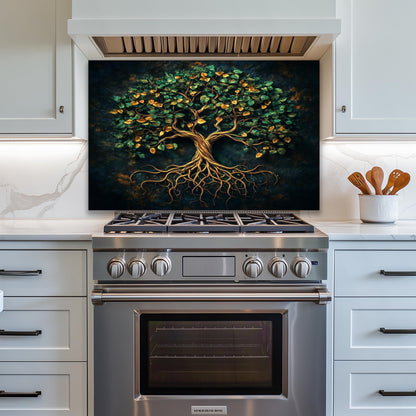 Tempered glass backsplash, green tree of life design, heat-resistant wall panel, easy clean kitchen protector, artistic backsplash, stove protector, elegant wall art, modern kitchen decor