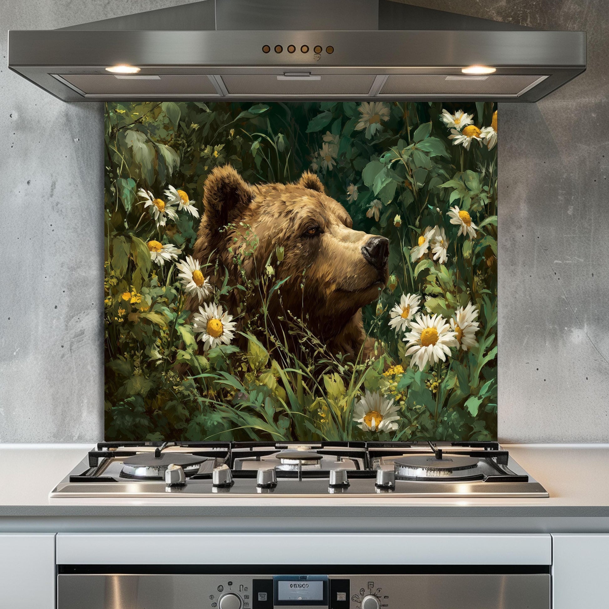 Copper Bear Kitchen Backsplash, Rustic Mountain Landscape Tempered Glass, Custom Size Design