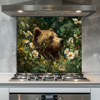 Copper Bear Kitchen Backsplash, Rustic Mountain Landscape Tempered Glass, Custom Size Design