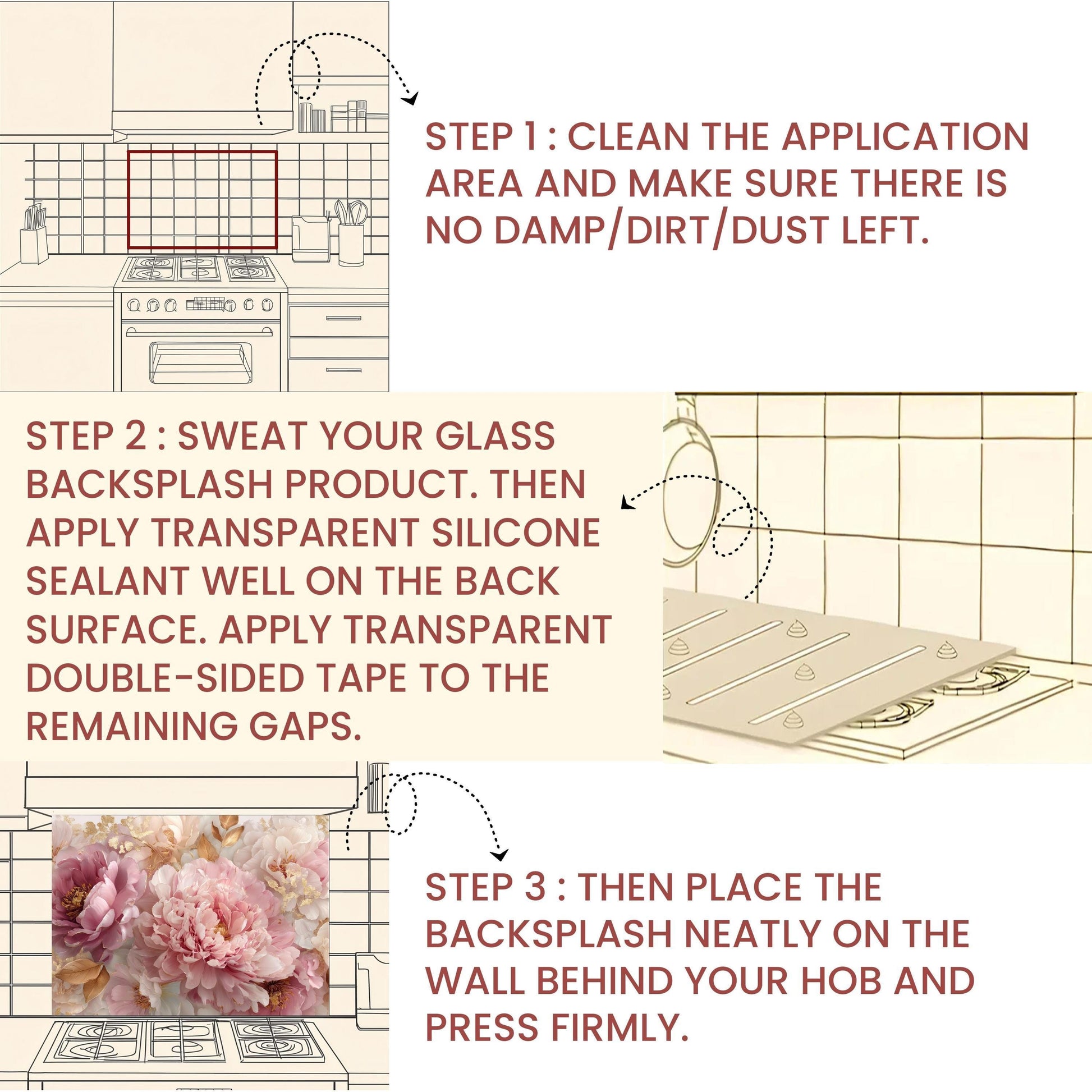 Pink Peony Tempered Glass Kitchen Backsplash: Gold Accent Floral Stove Panel