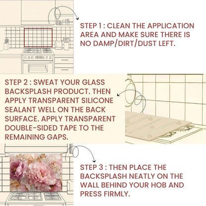 Pink Peony Tempered Glass Kitchen Backsplash: Gold Accent Floral Stove Panel