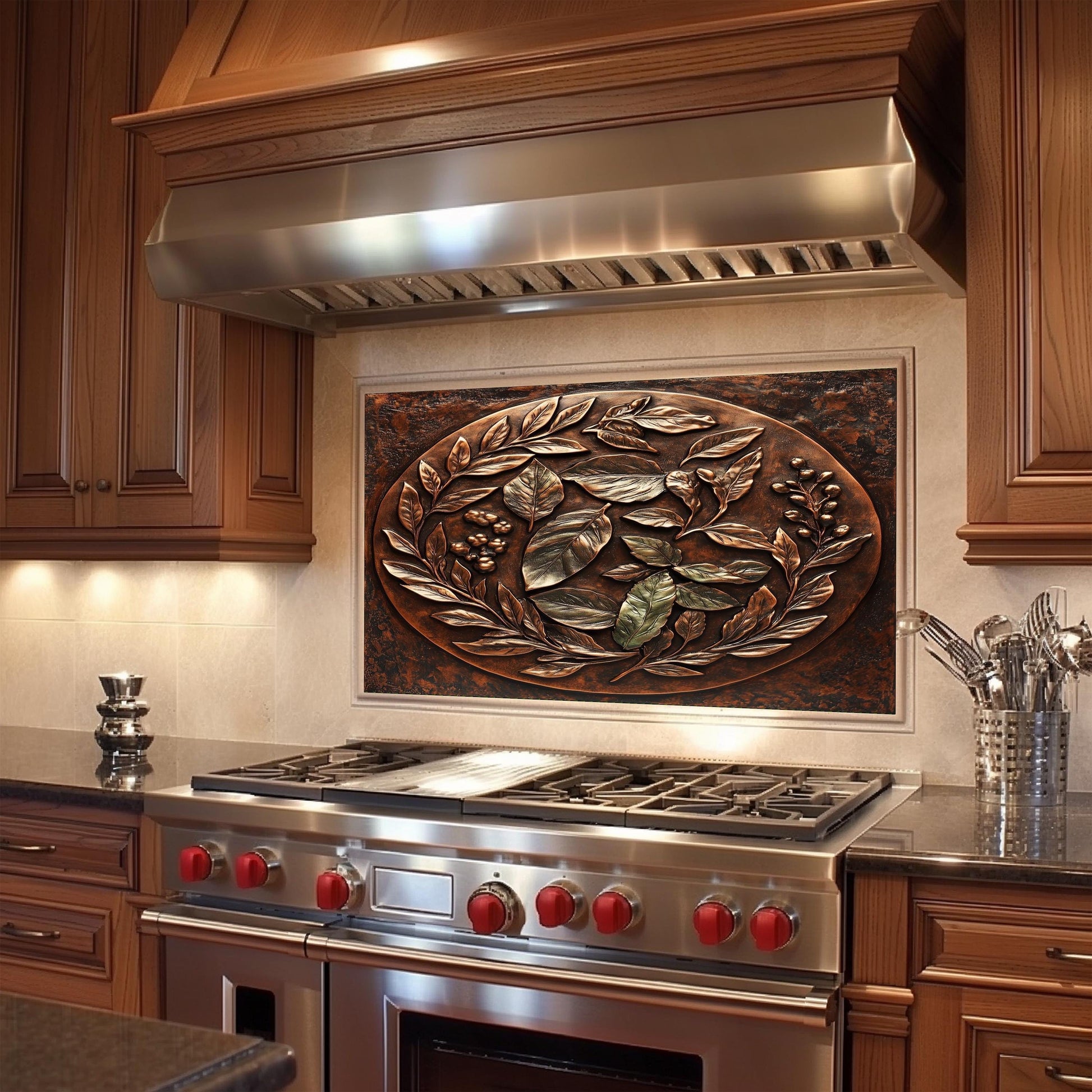 Copper wreath backsplash, tempered glass panel, rustic kitchen wall art, heat-resistant splashback, easy to clean wall protector, modern kitchen accent, artistic backsplash, stove protector, elegant design