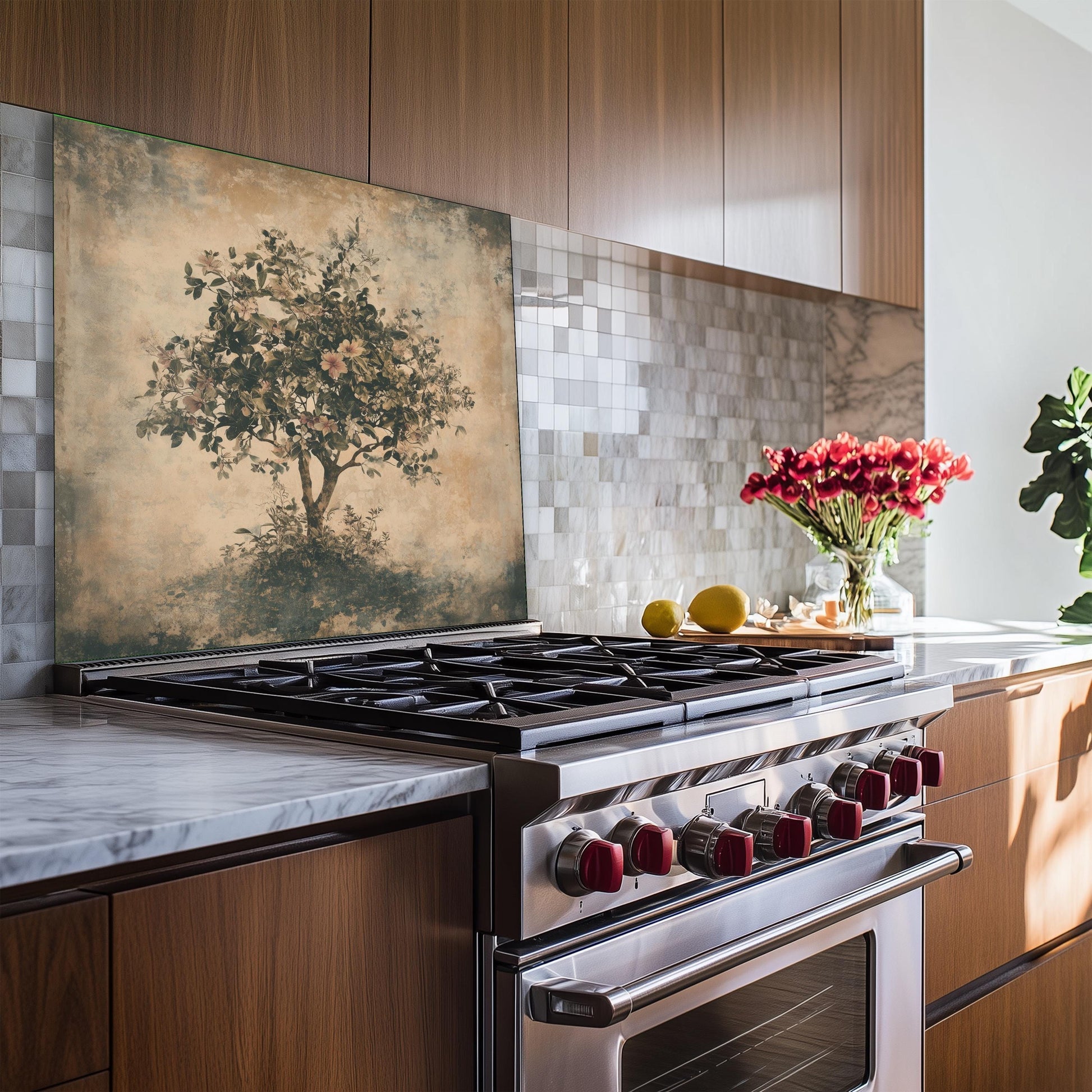 Tree of life tempered glass backsplash, floral design, heat-resistant kitchen wall panel, easy clean, stylish kitchen wall protector, artistic backsplash, stove protector, modern kitchen decor