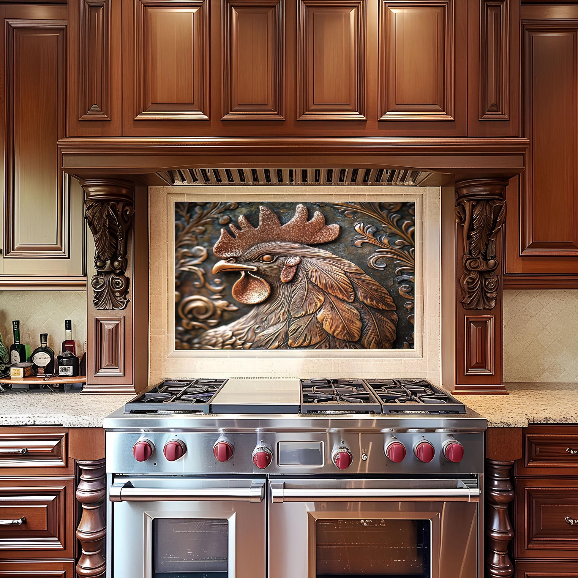Rustic Rooster Kitchen Backsplash, Copper Texture Tempered Glass Art, Custom Size Design