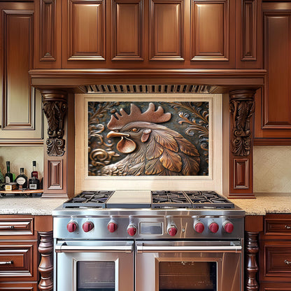 Rustic Rooster Kitchen Backsplash, Copper Texture Tempered Glass Art, Custom Size Design