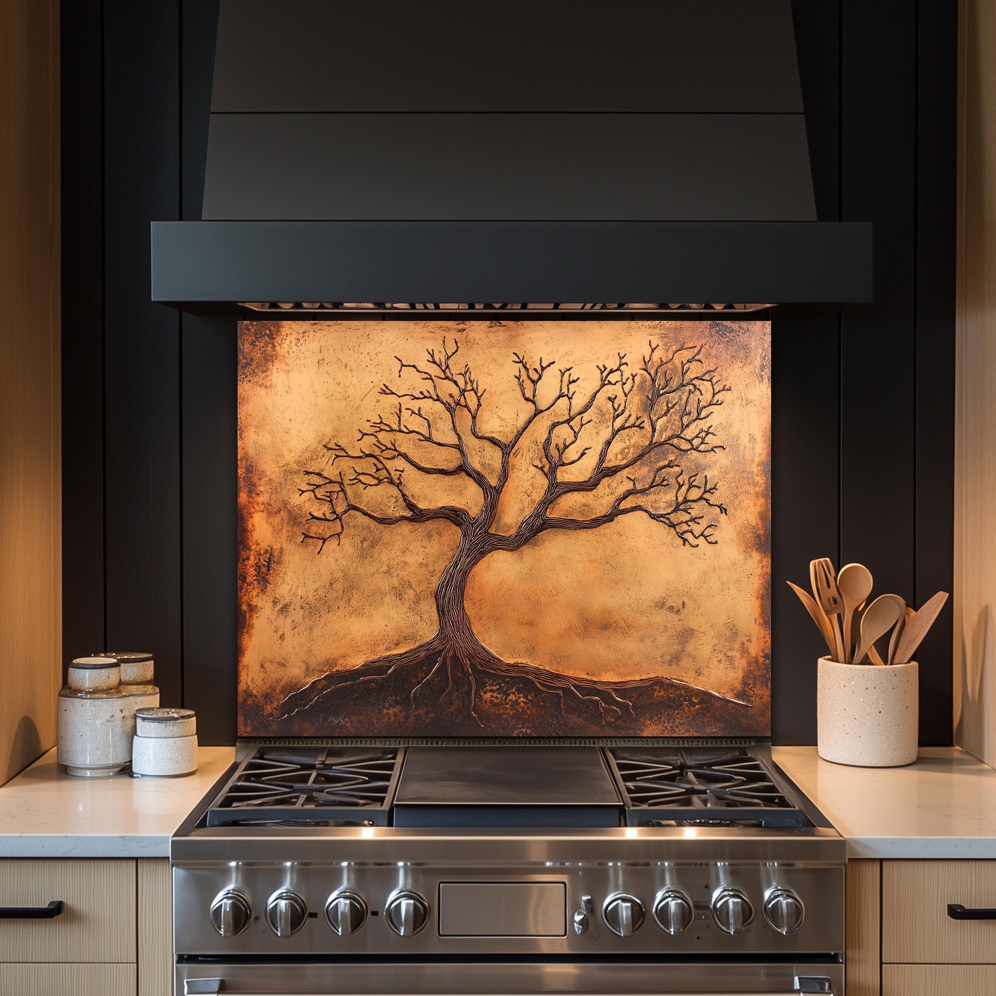 Copper Tree of Life Glass Backsplash, Rustic Metal Stove Guard, Heat Resistant Kitchen Art