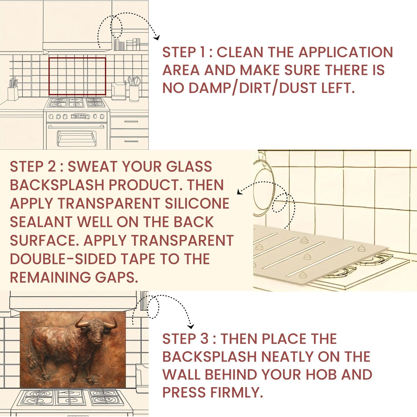 Embossed Copper Bull Tempered Glass Backsplash - Rustic Western Decor