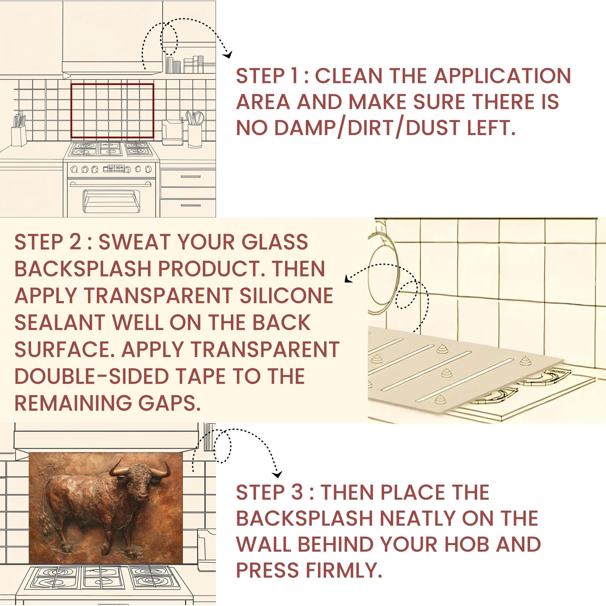 Embossed Copper Bull Tempered Glass Backsplash - Rustic Western Decor