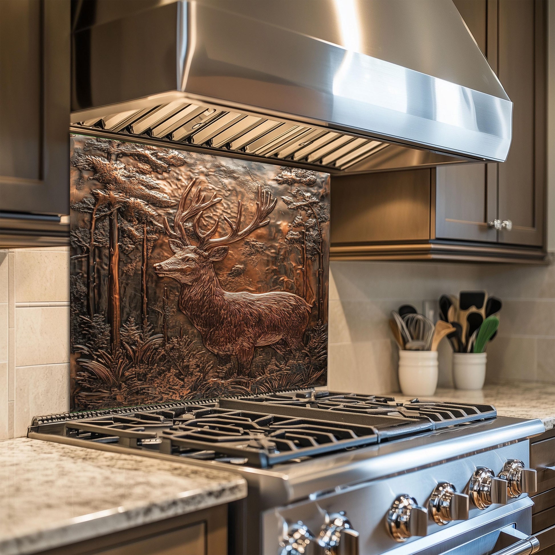 Tempered glass kitchen backsplash, copper effect deer design, heat-resistant wall protector, easy clean kitchen backsplash, rustic cabin kitchen art, stove wall protector, forest scene wall art