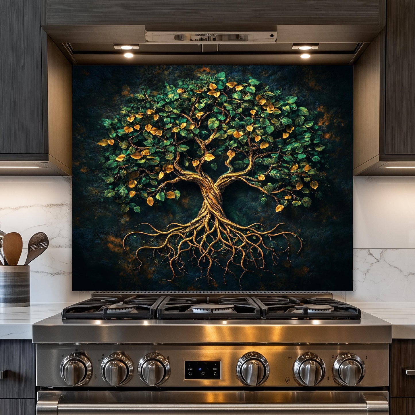 Tree of life tempered glass backsplash, elegant design, heat-resistant kitchen wall panel, easy clean, stylish kitchen wall protector, artistic backsplash, stove protector, modern kitchen decor