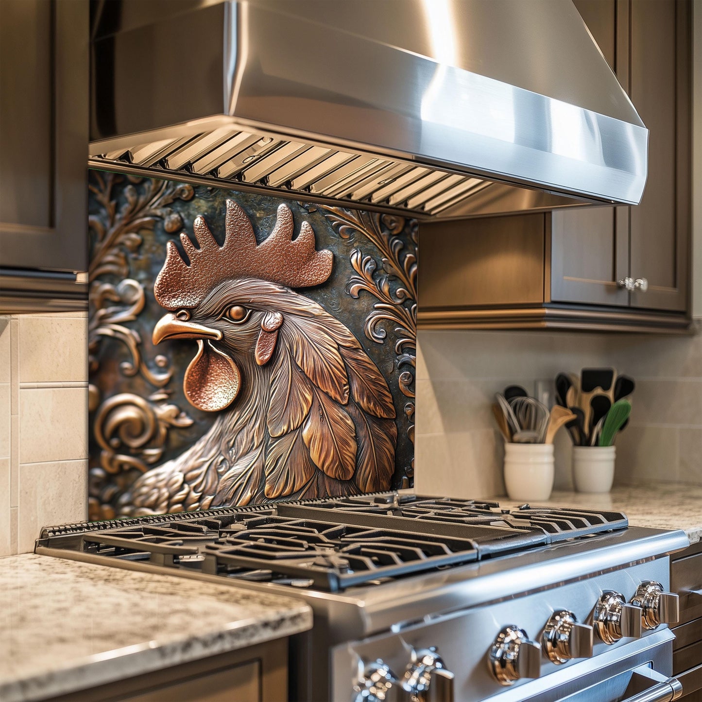 Rustic Rooster Kitchen Backsplash, Copper Texture Tempered Glass Art, Custom Size Design