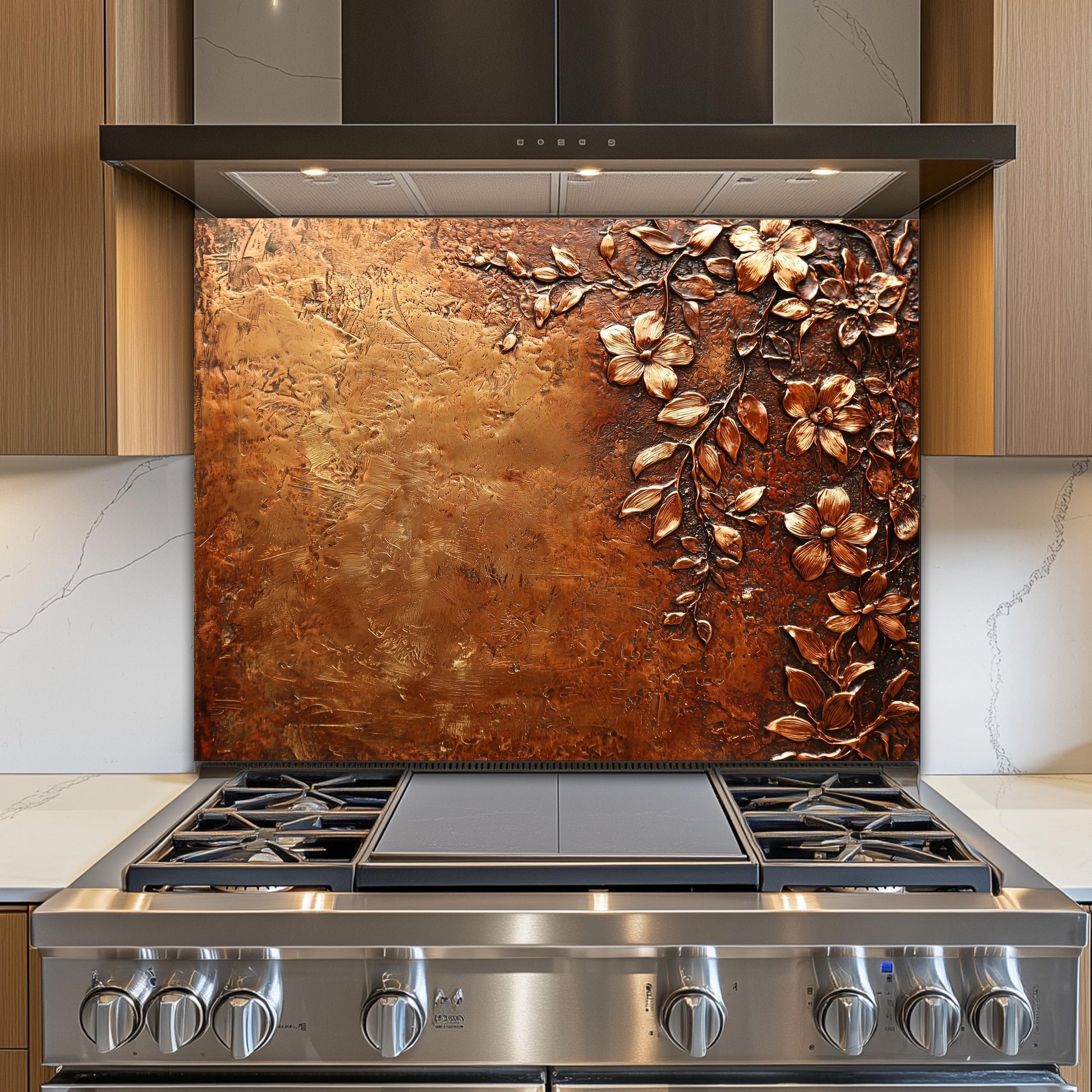 Floral Copper-Effect Tempered Glass Kitchen Backsplash: Rustic Heron Design