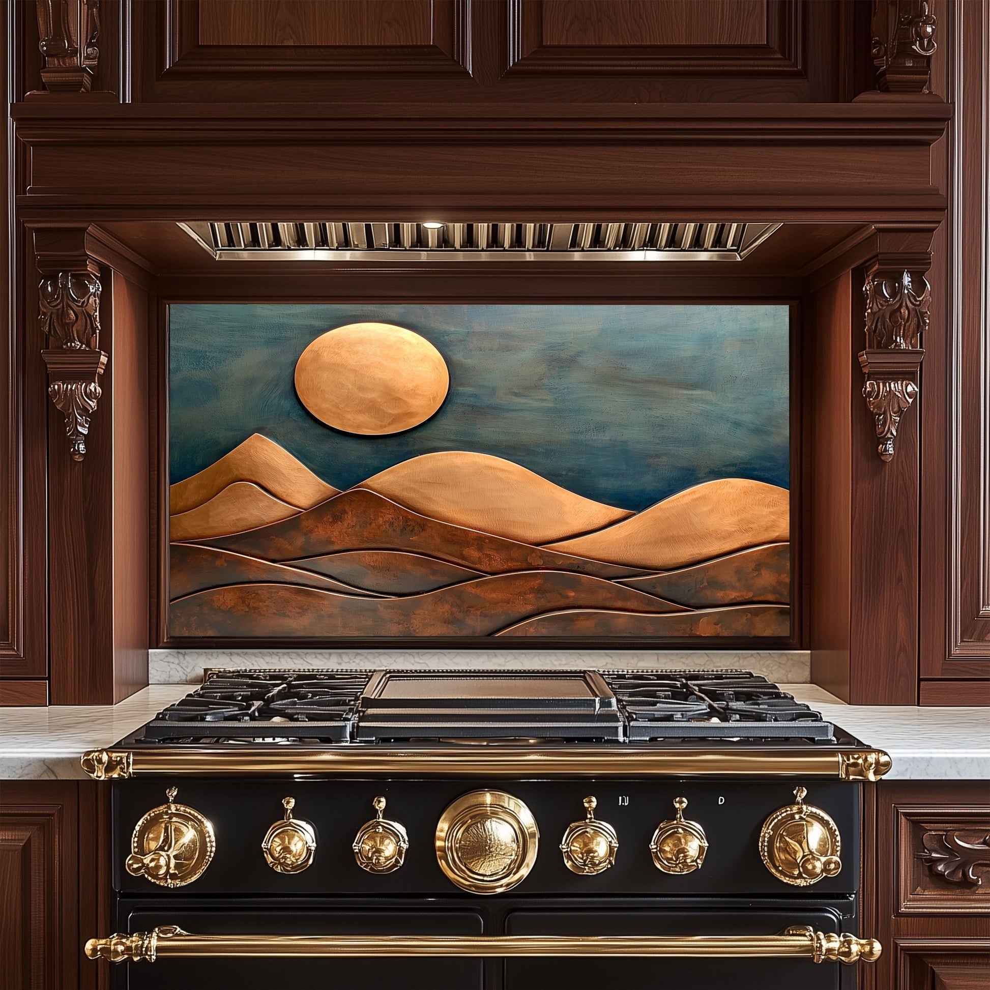 Copper-Effect Mountain Tempered Glass Backsplash: Rustic Kitchen Decor