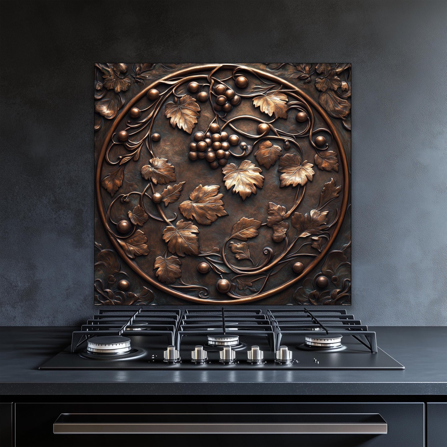 Copper Grapevine Kitchen Backsplash, Vineyard Tempered Glass Wall Art, Custom Size Design