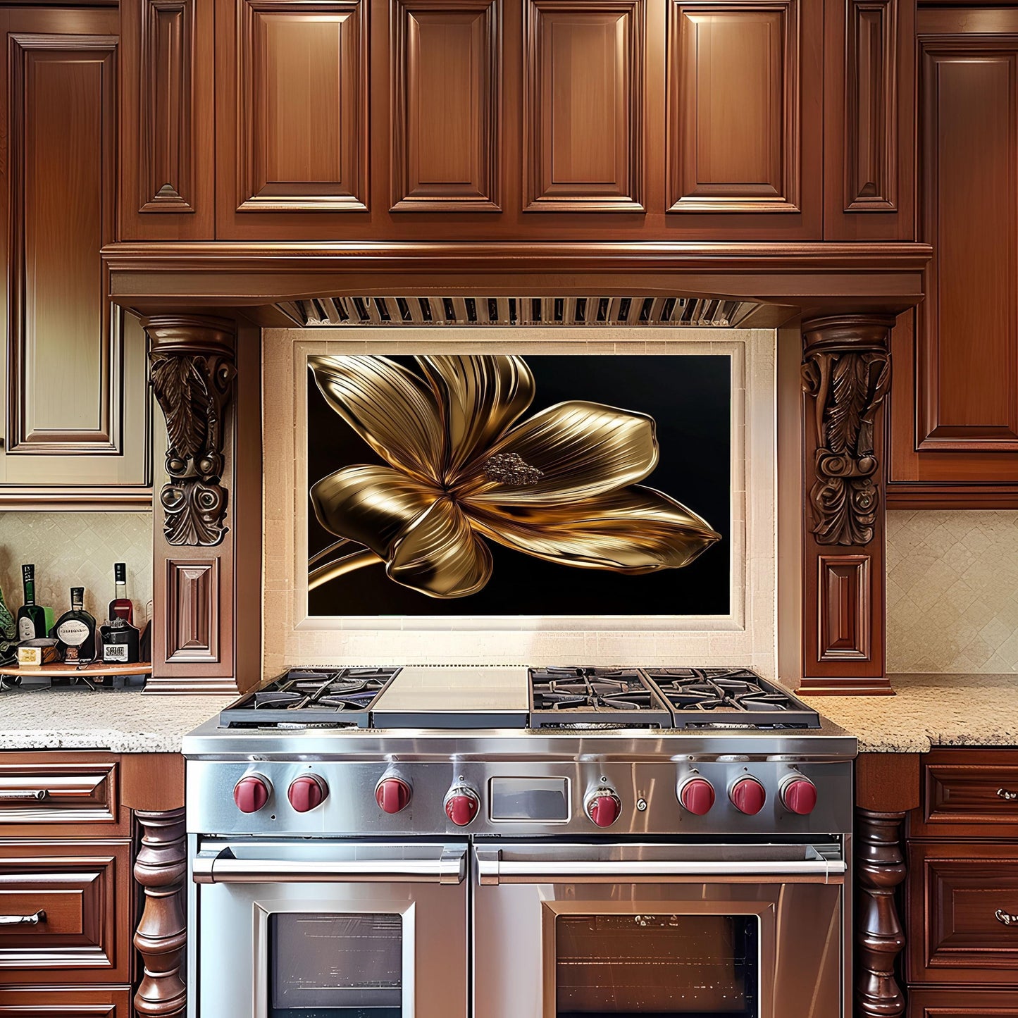 Golden Flower Tempered Glass Kitchen Backsplash: Decorative Wall Art