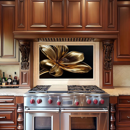 Golden Flower Tempered Glass Kitchen Backsplash: Decorative Wall Art
