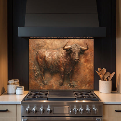 Embossed Copper Bull Tempered Glass Backsplash - Rustic Western Decor