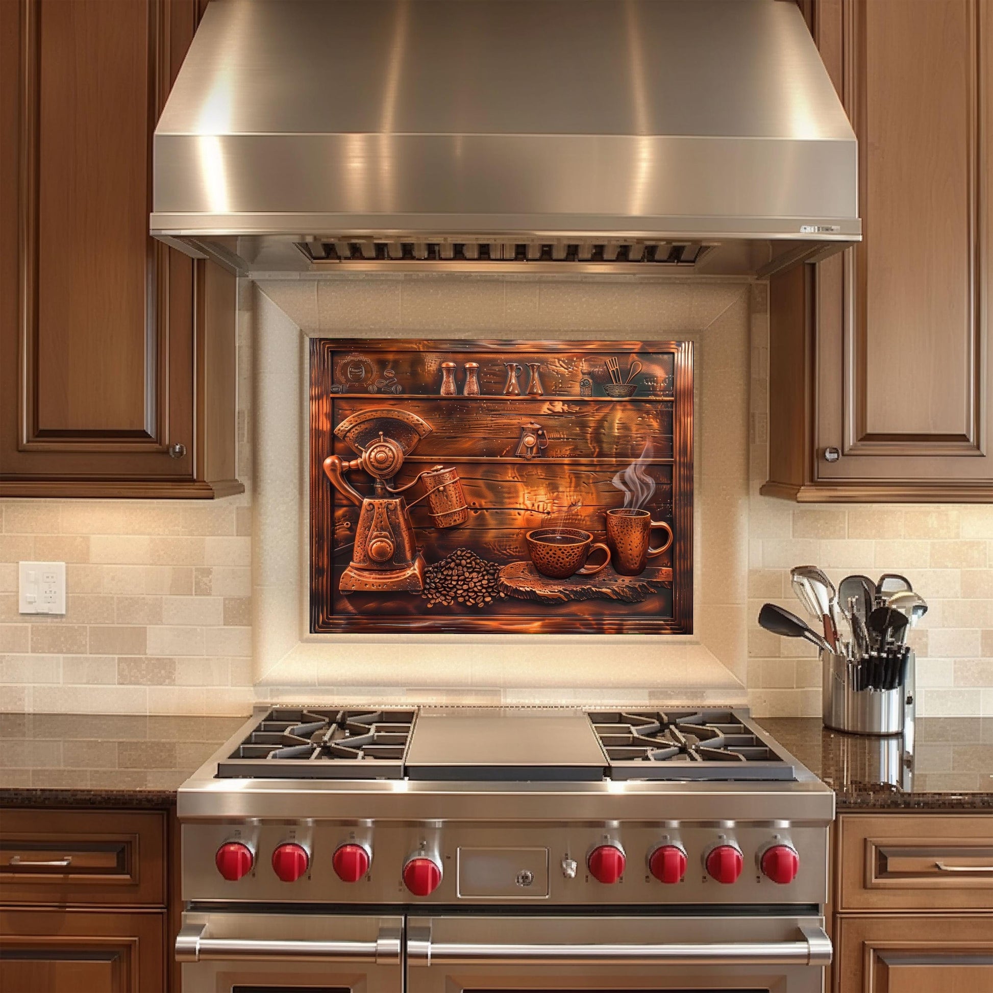 Coffee-themed tempered glass backsplash, copper design, heat-resistant kitchen wall panel, easy clean, stylish kitchen wall protector, artistic backsplash, stove protector, modern kitchen decor