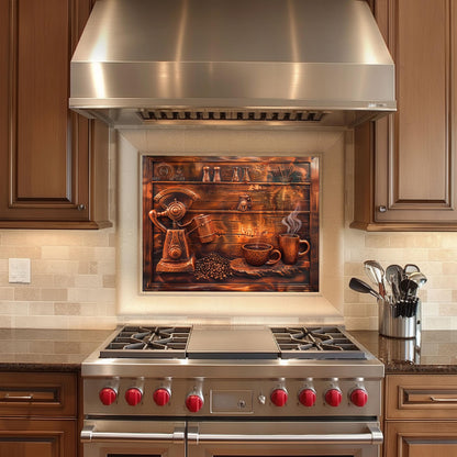 Coffee-themed tempered glass backsplash, copper design, heat-resistant kitchen wall panel, easy clean, stylish kitchen wall protector, artistic backsplash, stove protector, modern kitchen decor