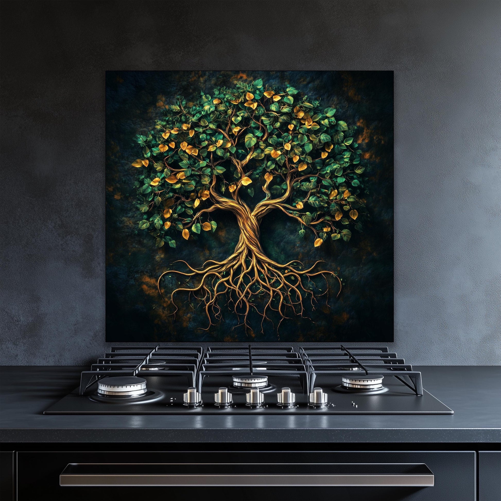 Tempered glass stove backsplash, green tree of life design, heat-resistant splashback, easy clean wall protector, modern kitchen decor, artistic wall art, stylish backsplash, stove guard