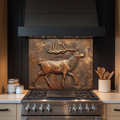 Rustic Deer Backsplash: Embossed Copper Stag Tempered Glass Stove Panel