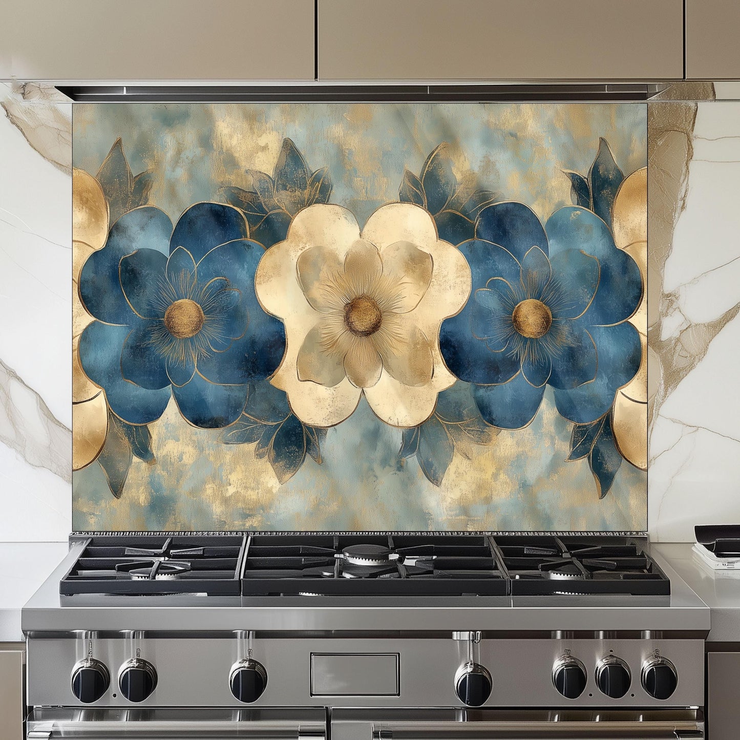 Moroccan Floral Pattern Kitchen Backsplash, UV Printed Tempered Glass Art, Custom Size Design